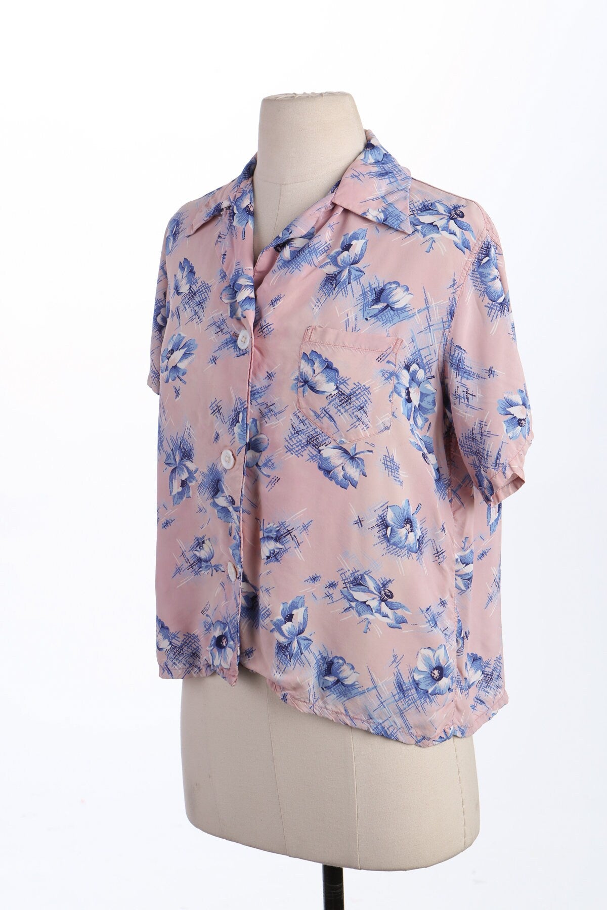 Vintage Women Pajama Floral Print Pink Blouse - Era (40's - 50's)