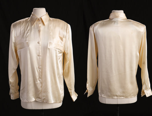 Vintage Women Beige Silk Pleated Casual Blouse