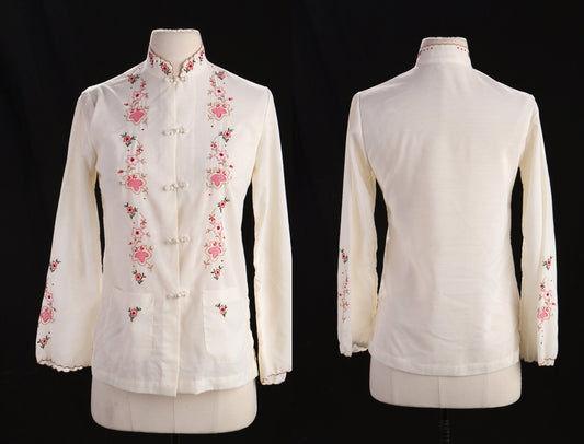 Vintage Women Chinese Cheongsam Floral Embroidered White Blouse