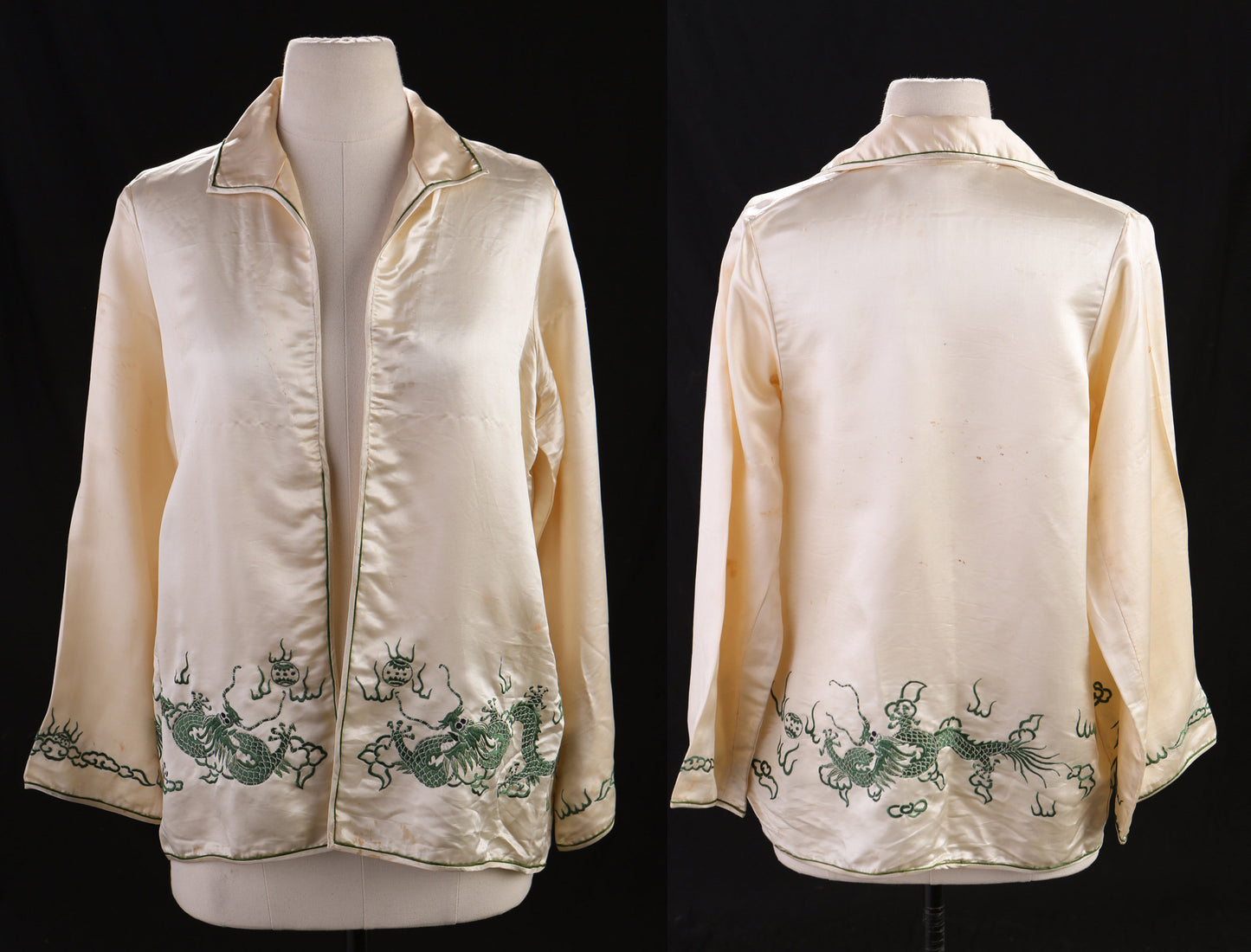 Vintage Beige Silk Green Embroidered Dragon Blouse