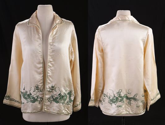 Vintage Beige Silk Green Embroidered Dragon Blouse