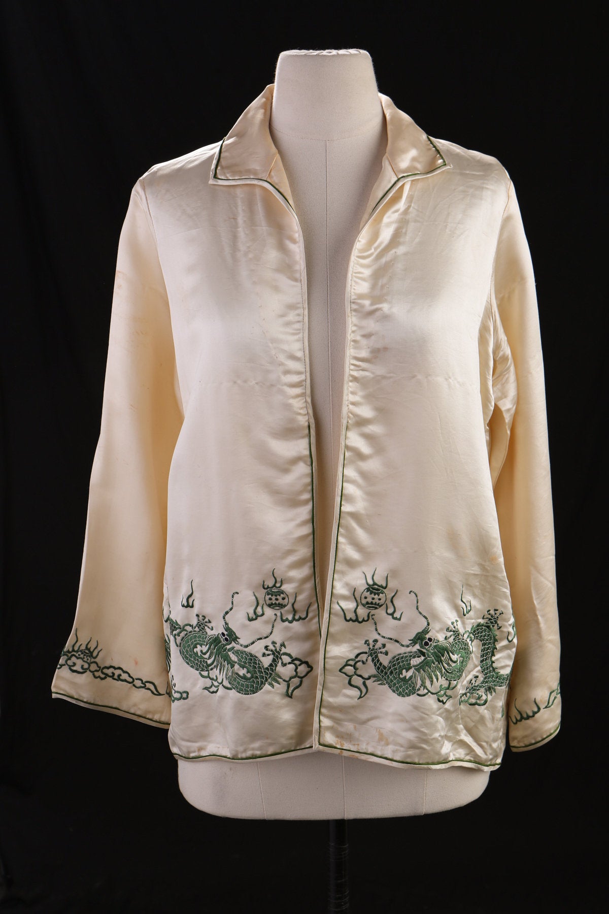 Vintage Beige Silk Green Embroidered Dragon Blouse