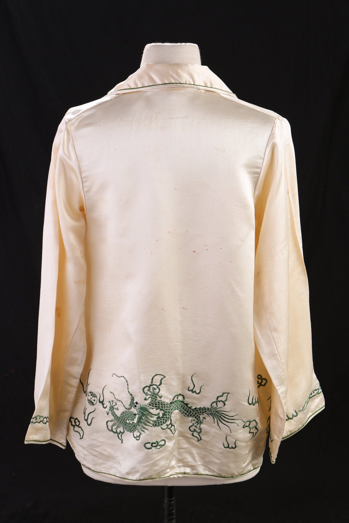 Vintage Beige Silk Green Embroidered Dragon Blouse