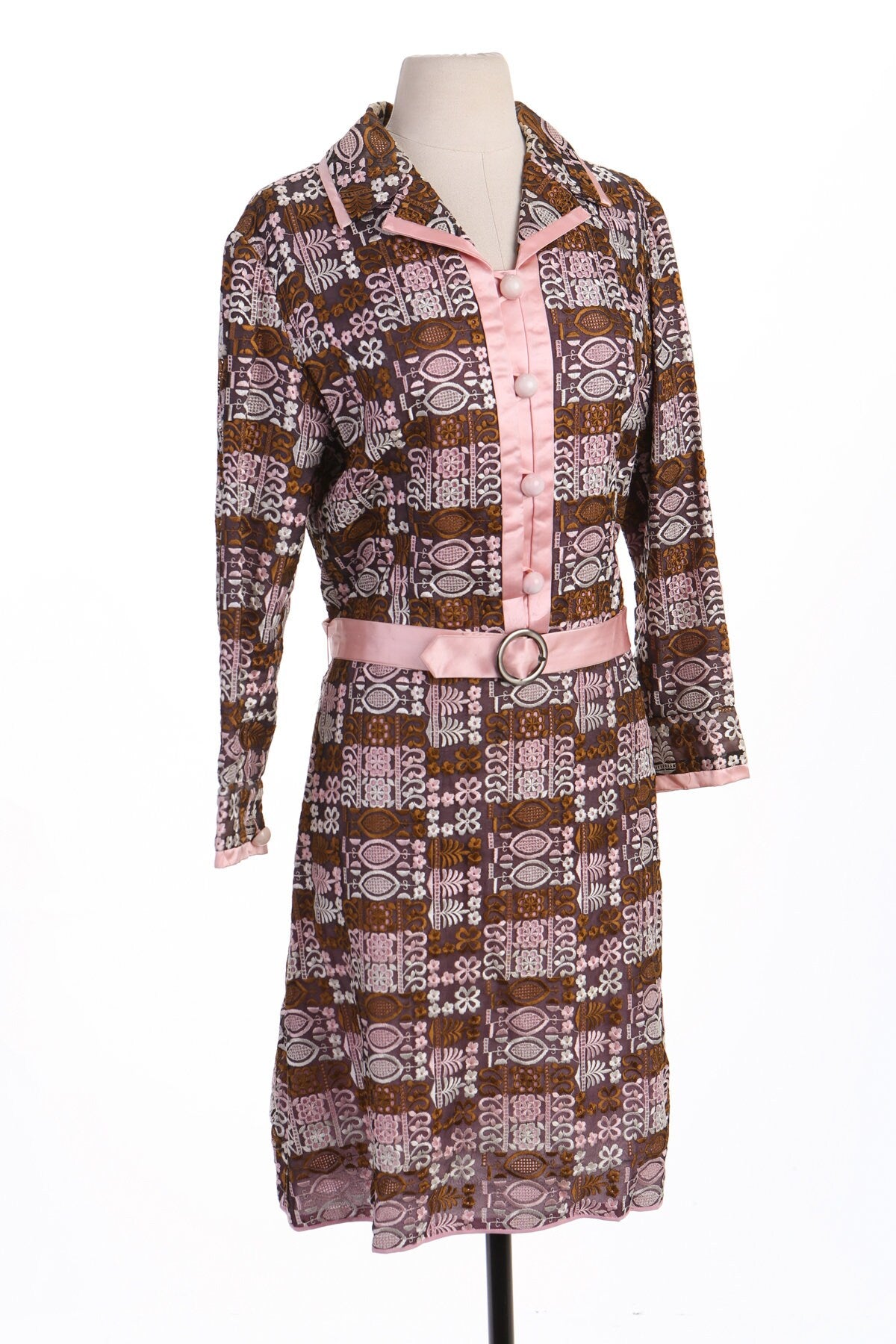70's Women Brown and Pink Lace Mod Casual Dress