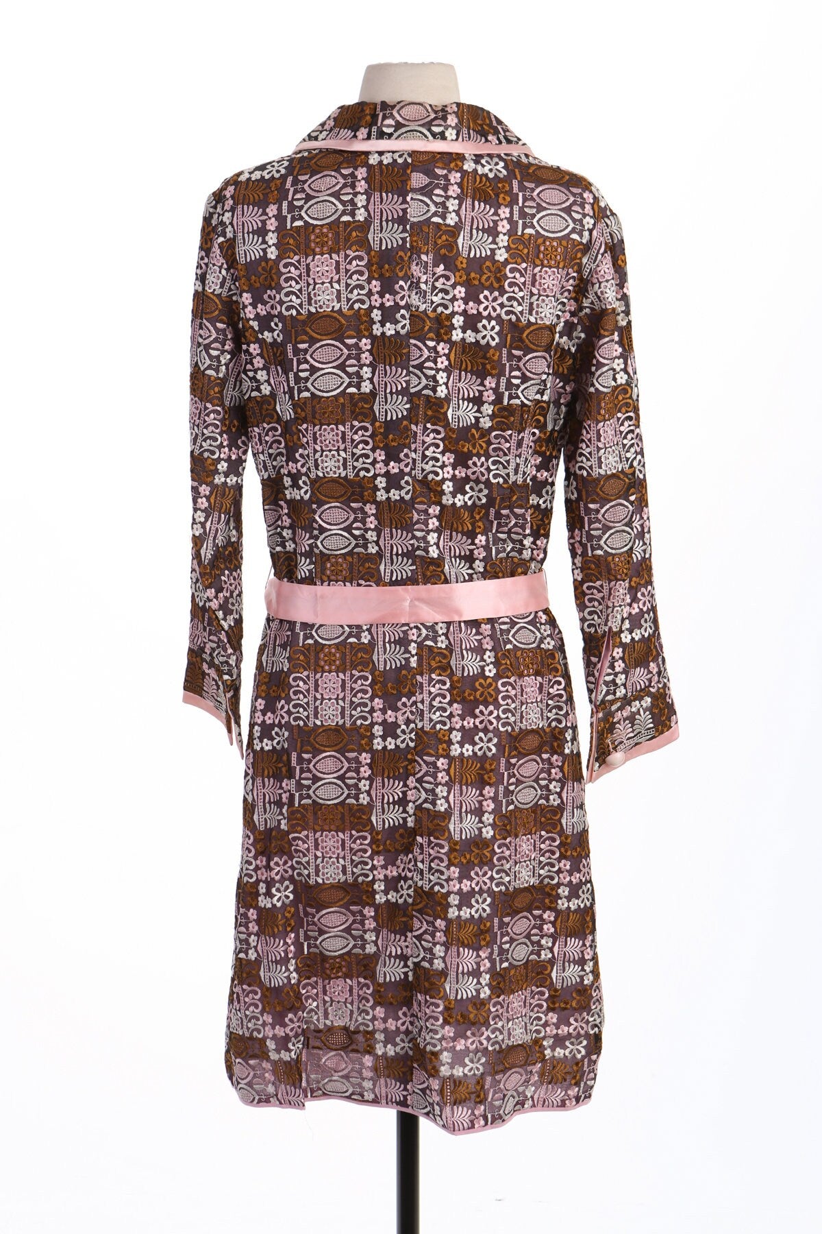 70's Women Brown and Pink Lace Mod Casual Dress