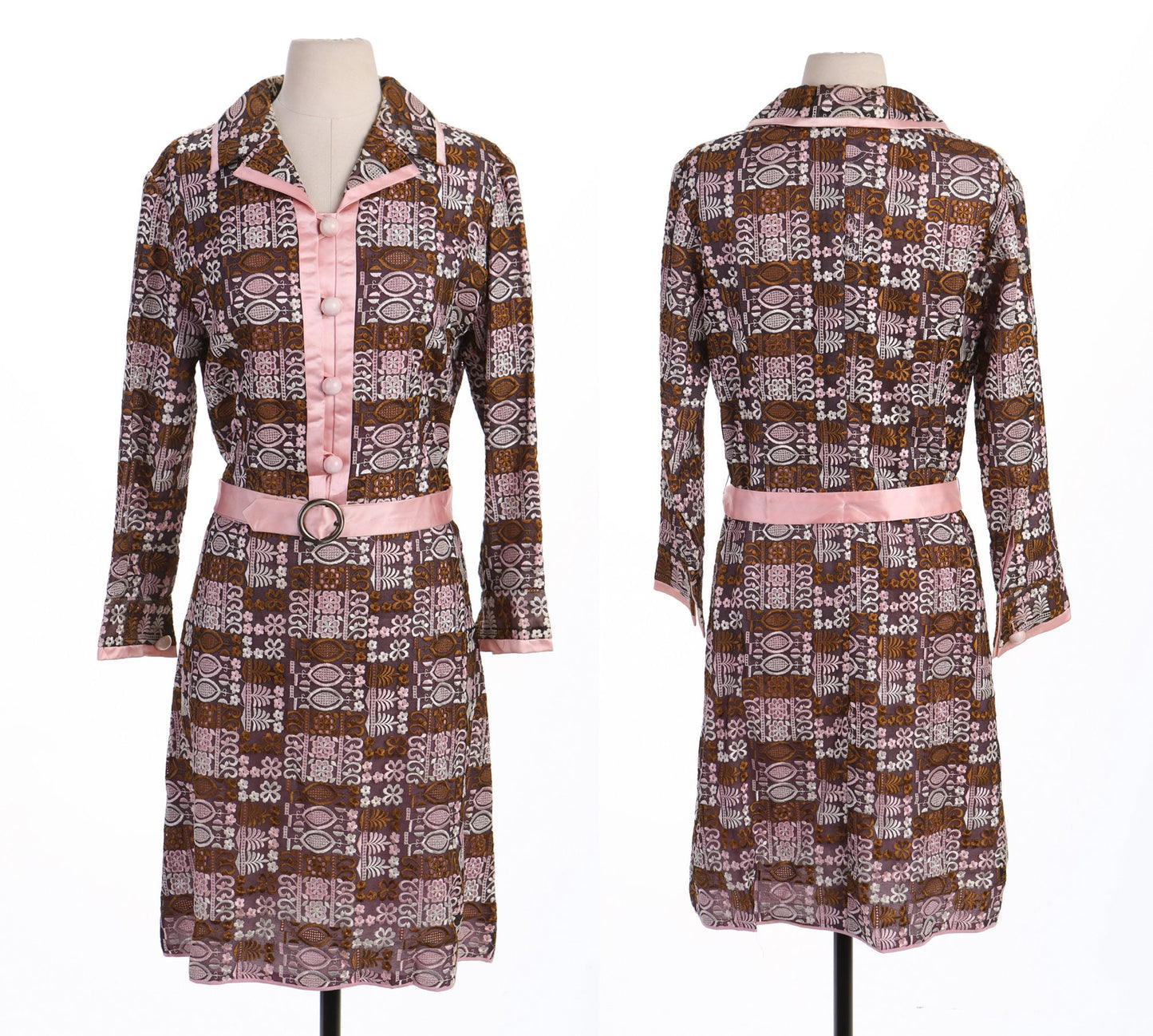 70's Women Brown and Pink Lace Mod Casual Dress