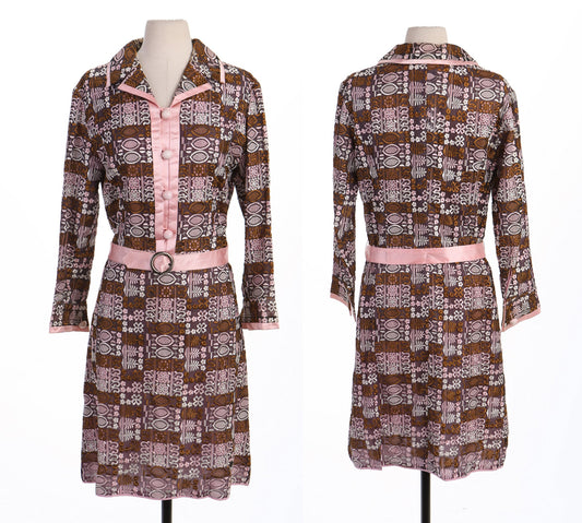 70's Women Brown and Pink Lace Mod Casual Dress