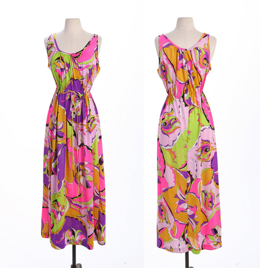 Vintage 70's Style Long Neon Color Sleeveless Funky Summer Dress