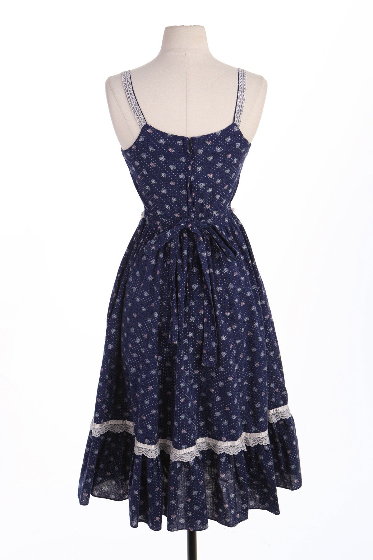 Vintage Women Blue Floral Print Prairie Sleeveless Summer Strap Dress