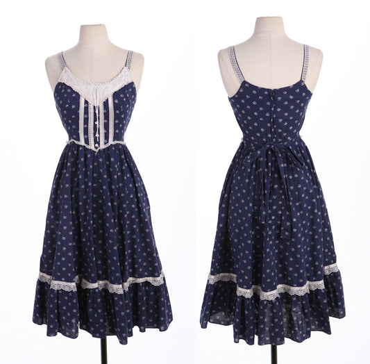 Vintage Women Blue Floral Print Prairie Sleeveless Summer Strap Dress