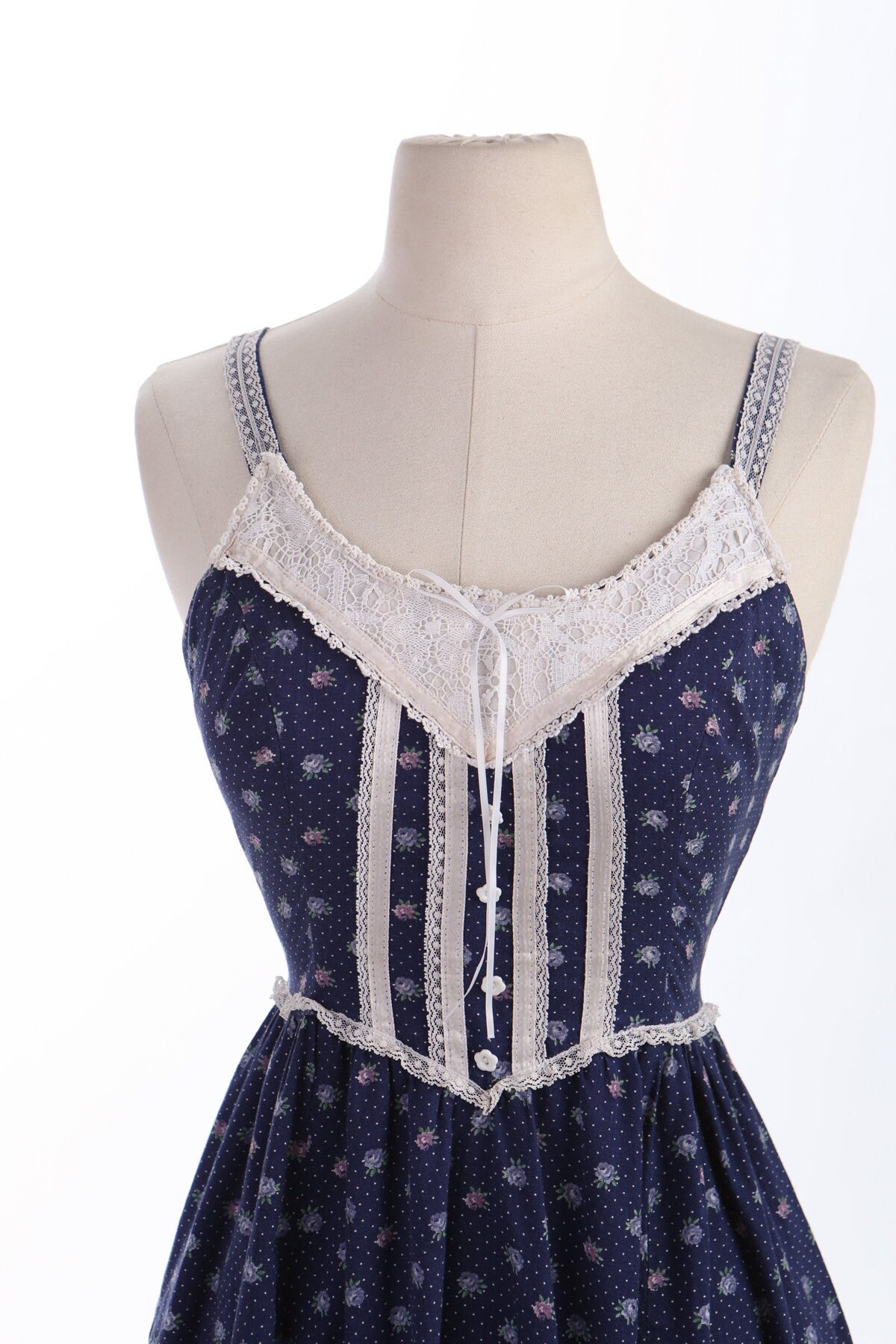 Vintage Women Blue Floral Print Prairie Sleeveless Summer Strap Dress