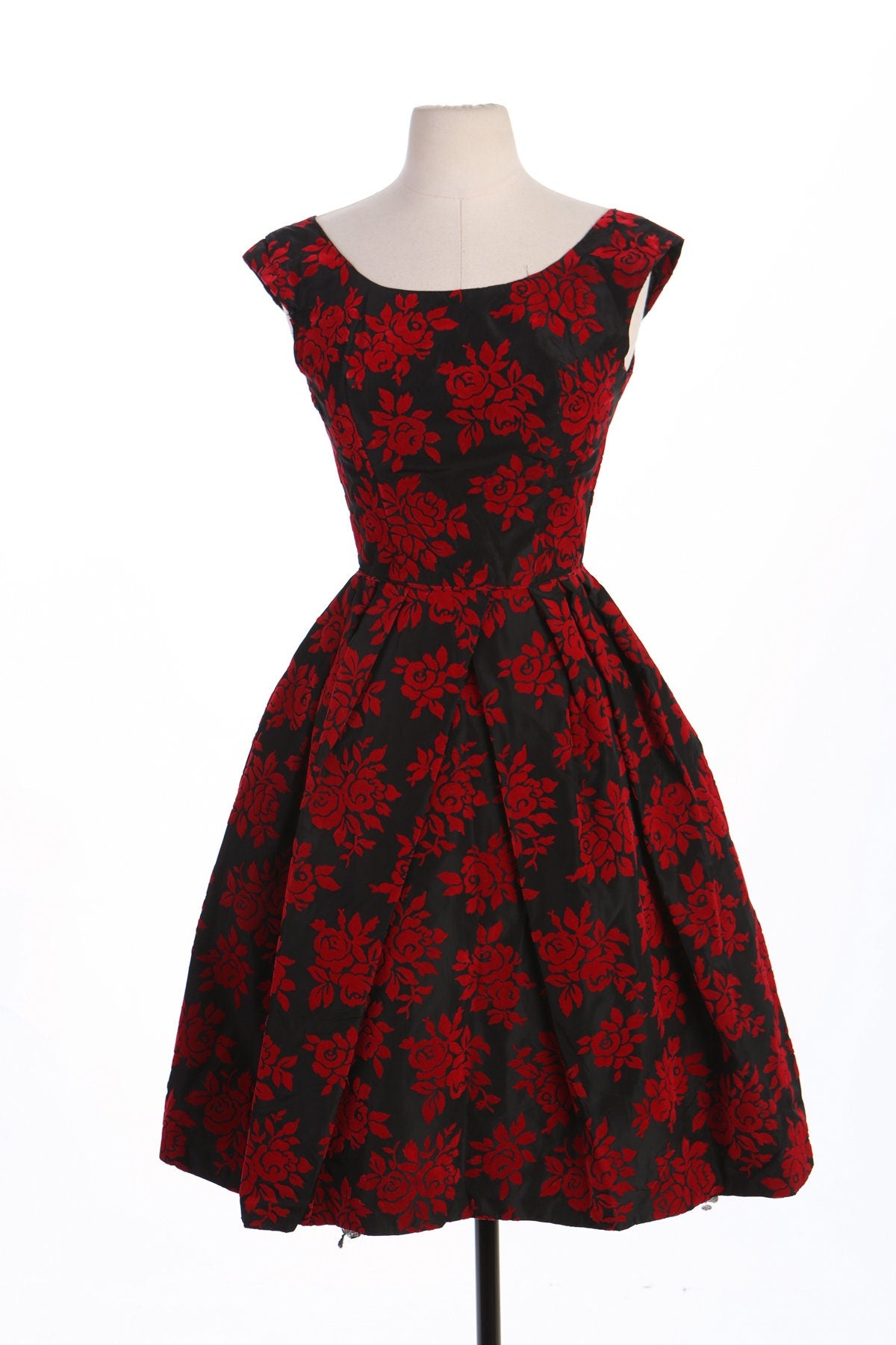 50's Women Black And Red Roses Print Short Sleeveless Evening Dress