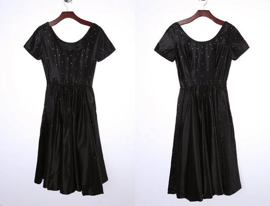 50's Women Black Casual Dress With Rhinestones