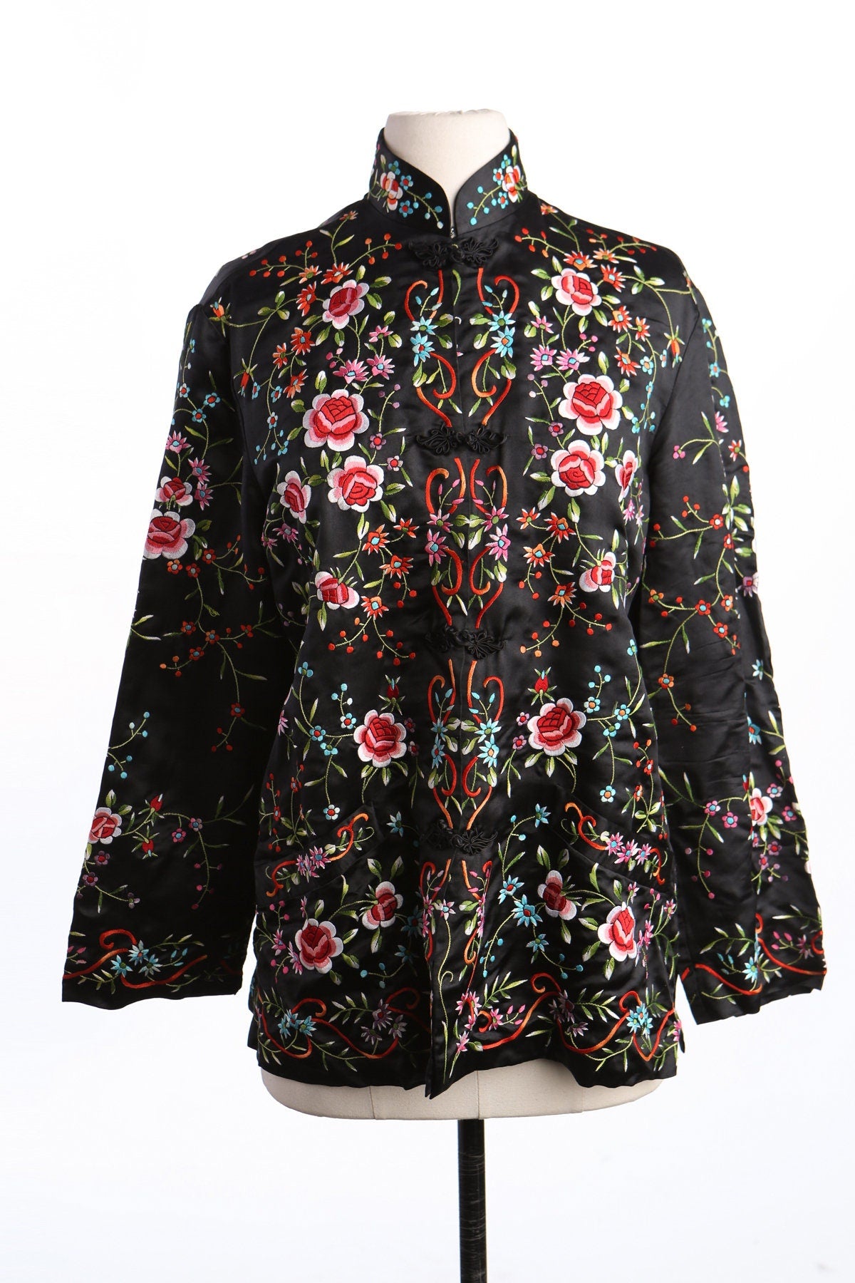 Vintage Women Black Chinese Floral Embroidered Jacket
