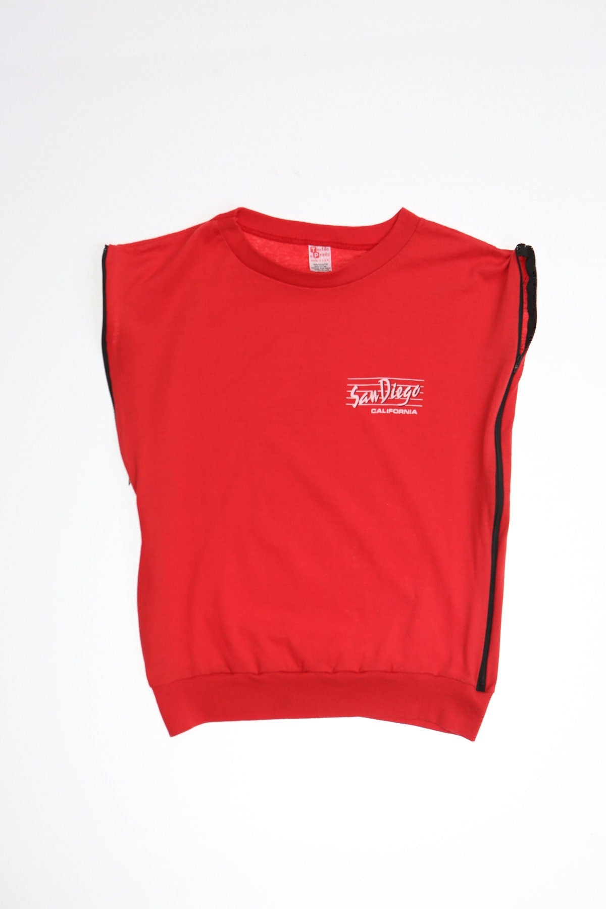 Vintage Sleeveless Red T-shirt - 80's Style - San Diego California Print - Zipper Closure Sleeves