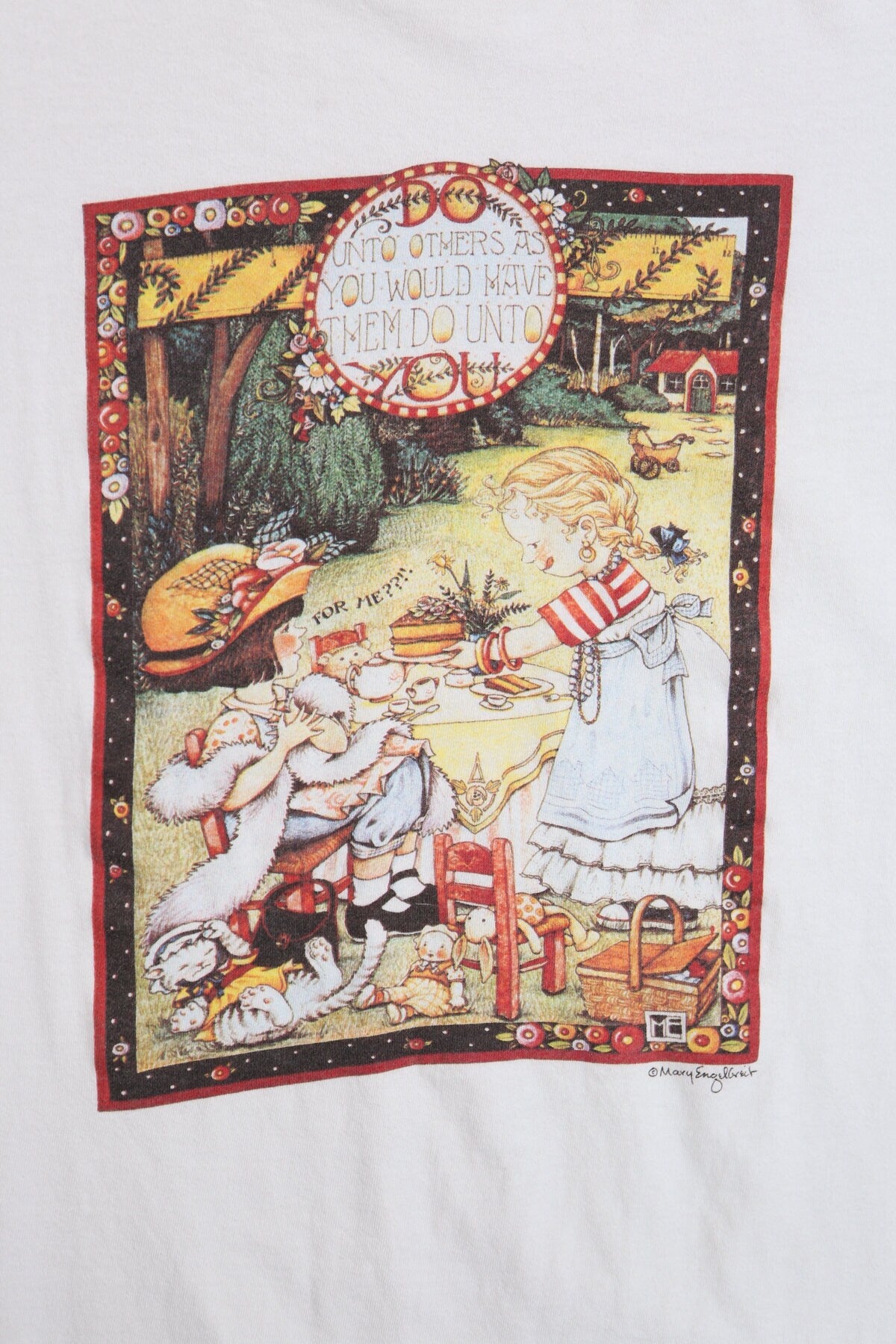 90's Art White Graphic T-shirt - Tea Time With An Inspirational Saying