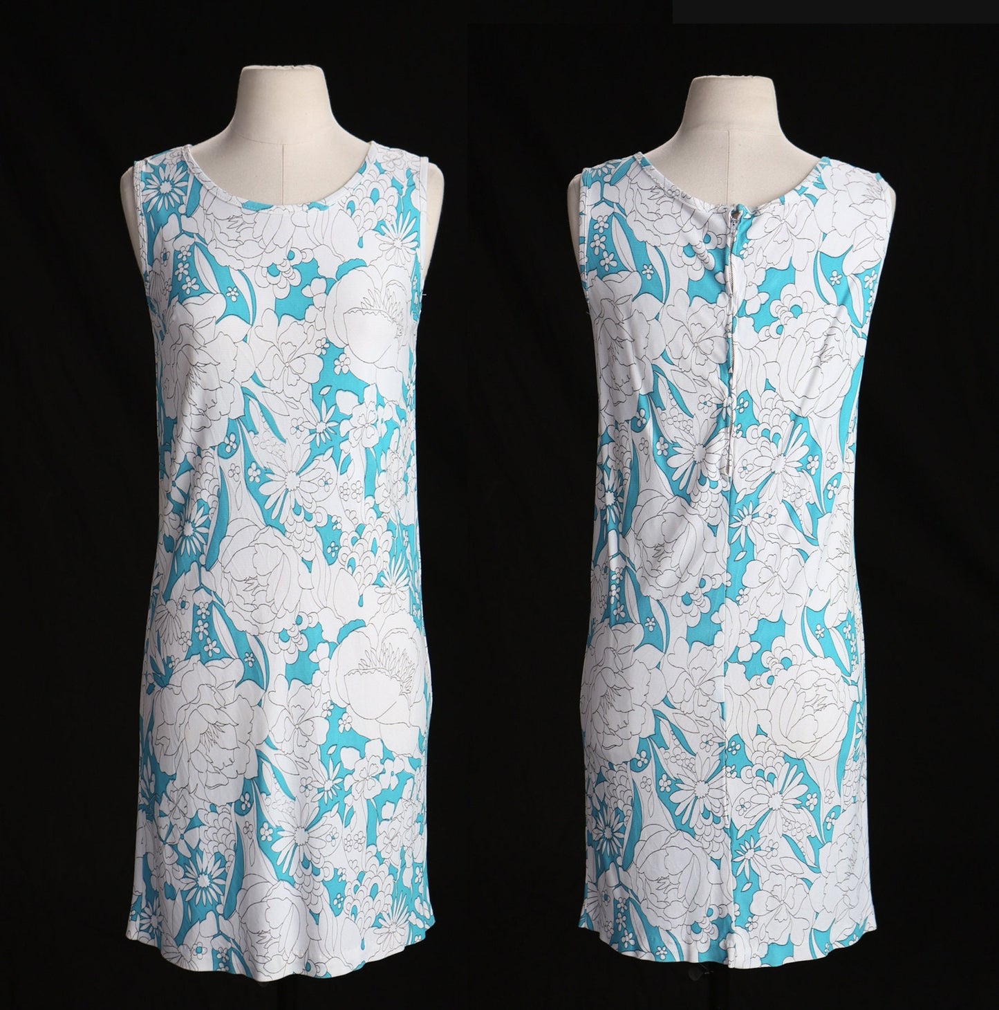 70's White Floral Print Blue Hawaiian Style Dress