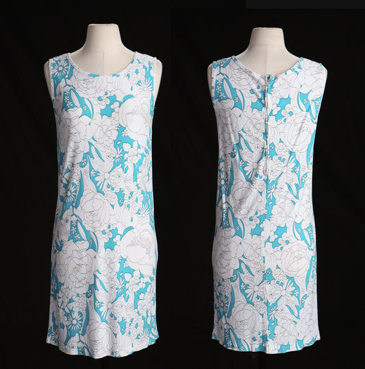 70's White Floral Print Blue Hawaiian Style Dress