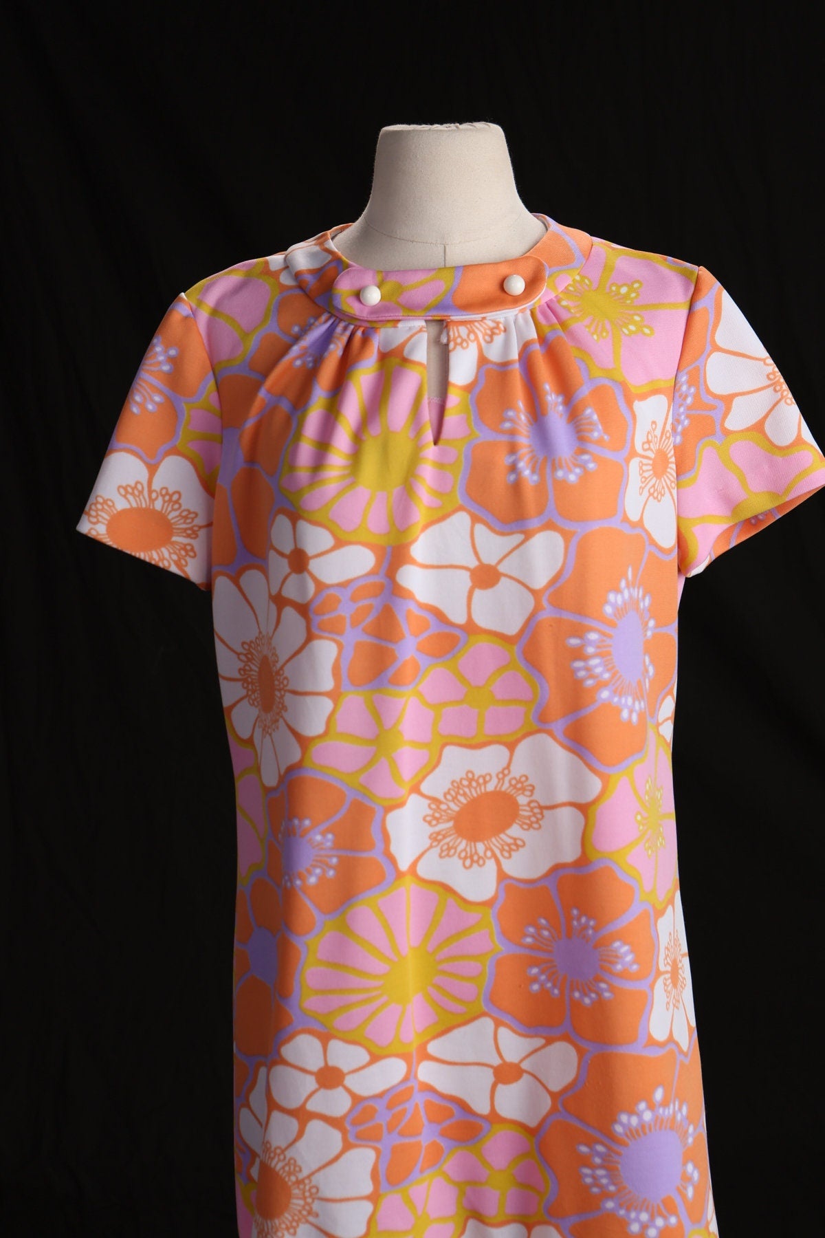 70's Women Floral Print Orange Poly Dress