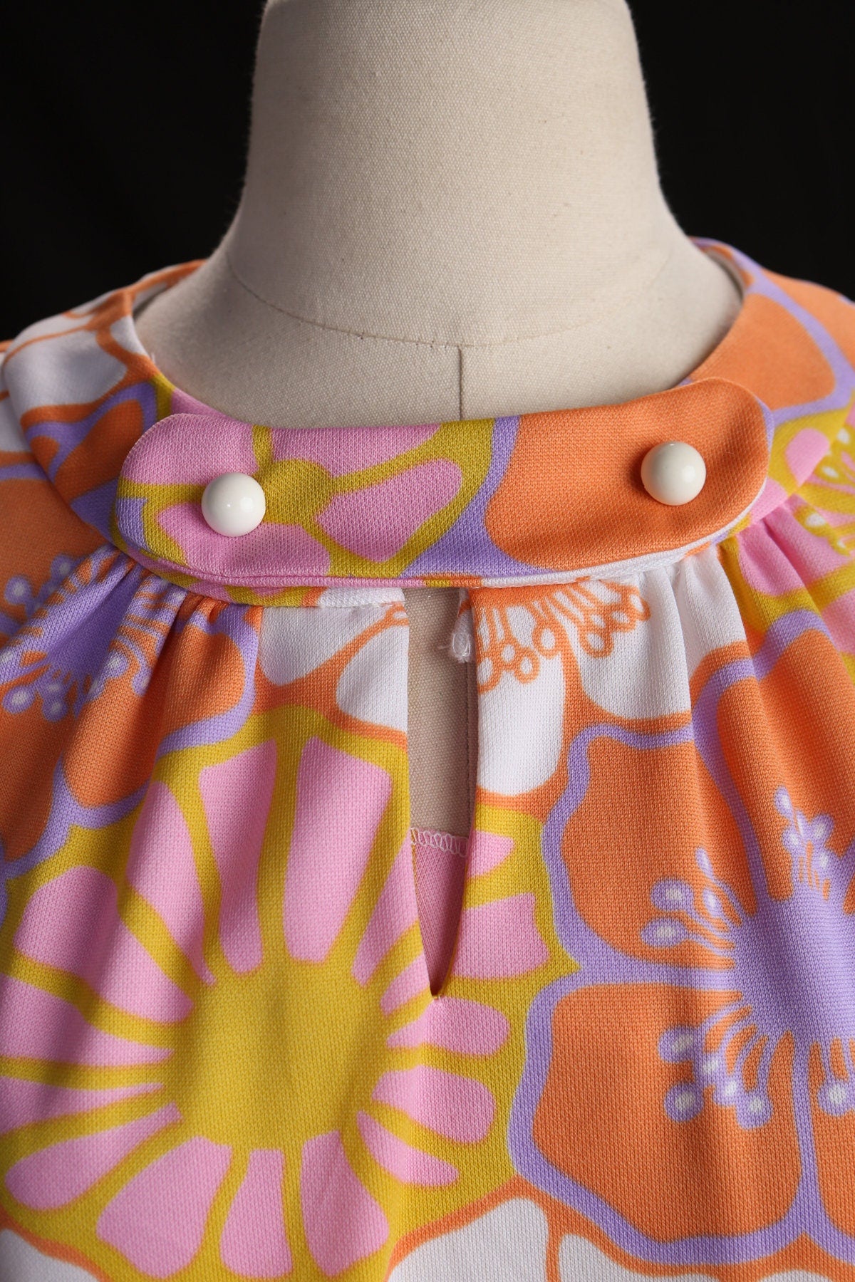 70's Women Floral Print Orange Poly Dress