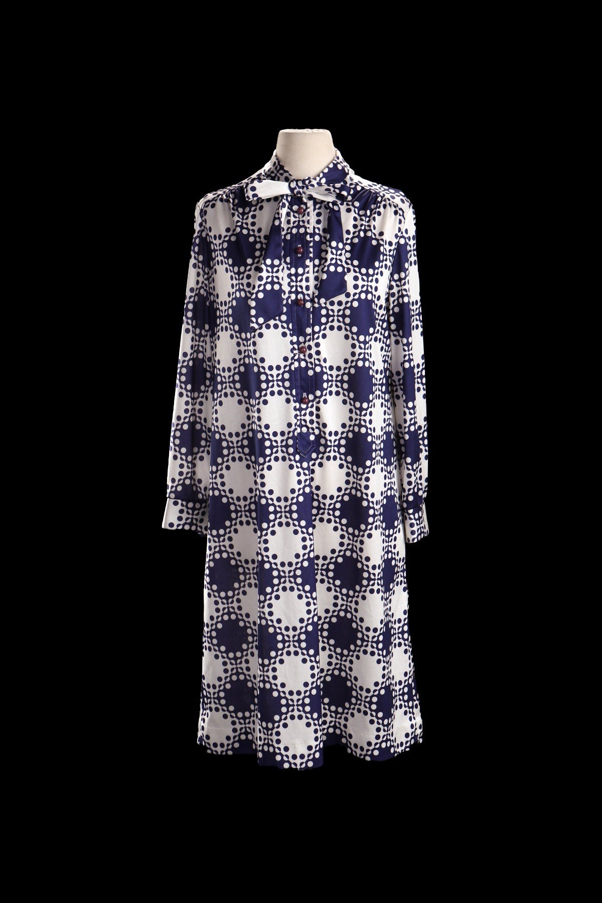 70's Women White and Blue Polyester Long Sleeve Dress