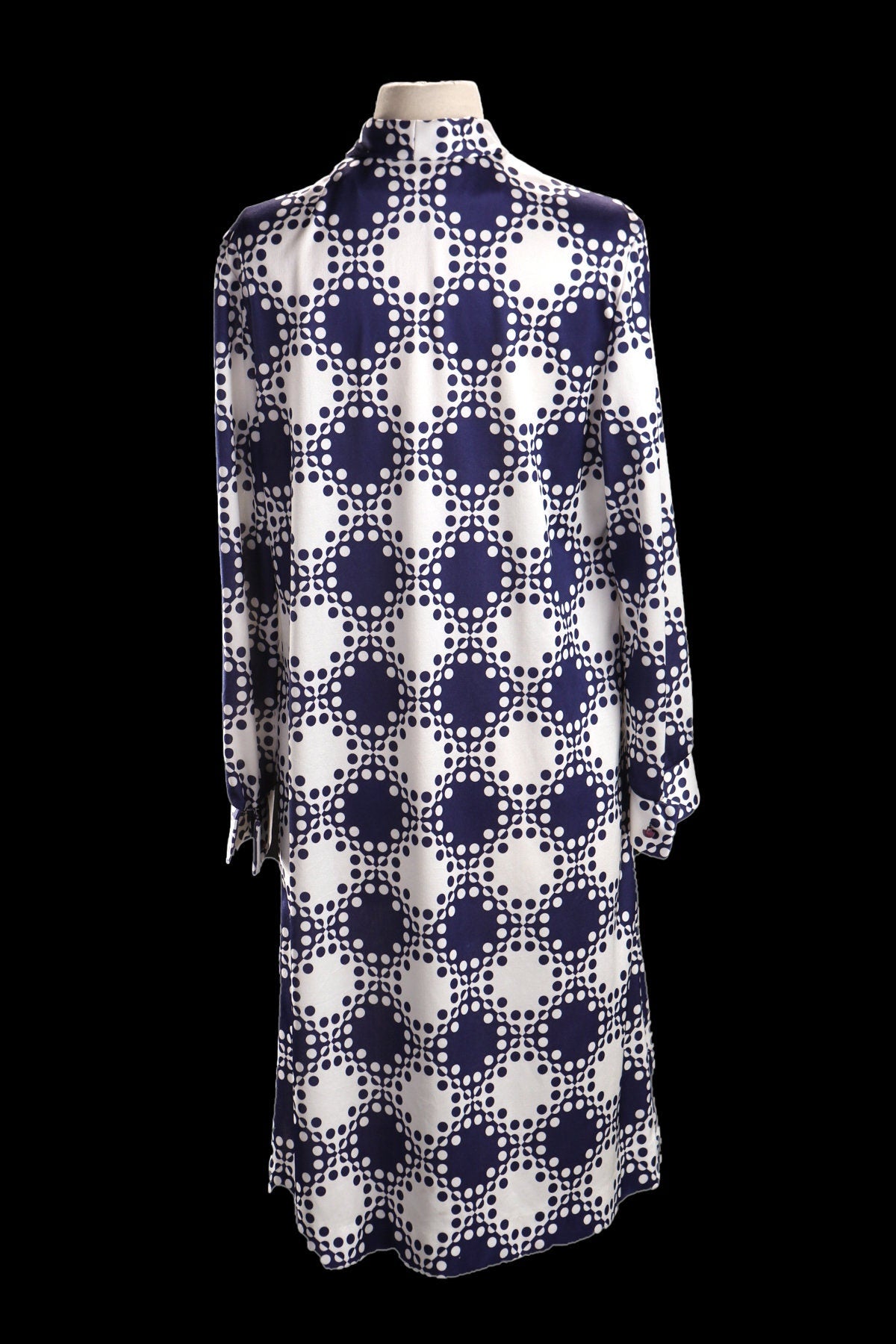 70's Women White and Blue Polyester Long Sleeve Dress