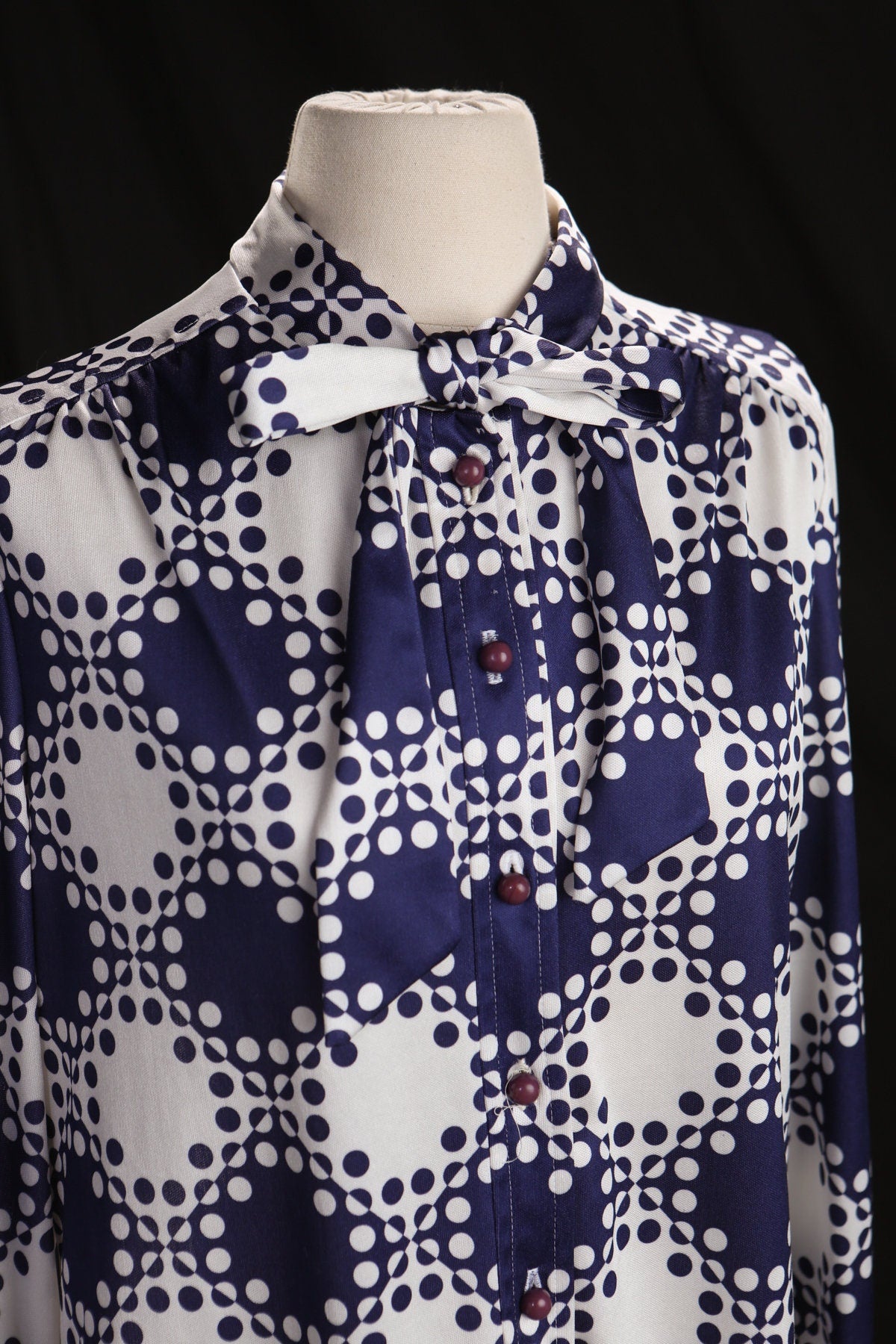 70's Women White and Blue Polyester Long Sleeve Dress