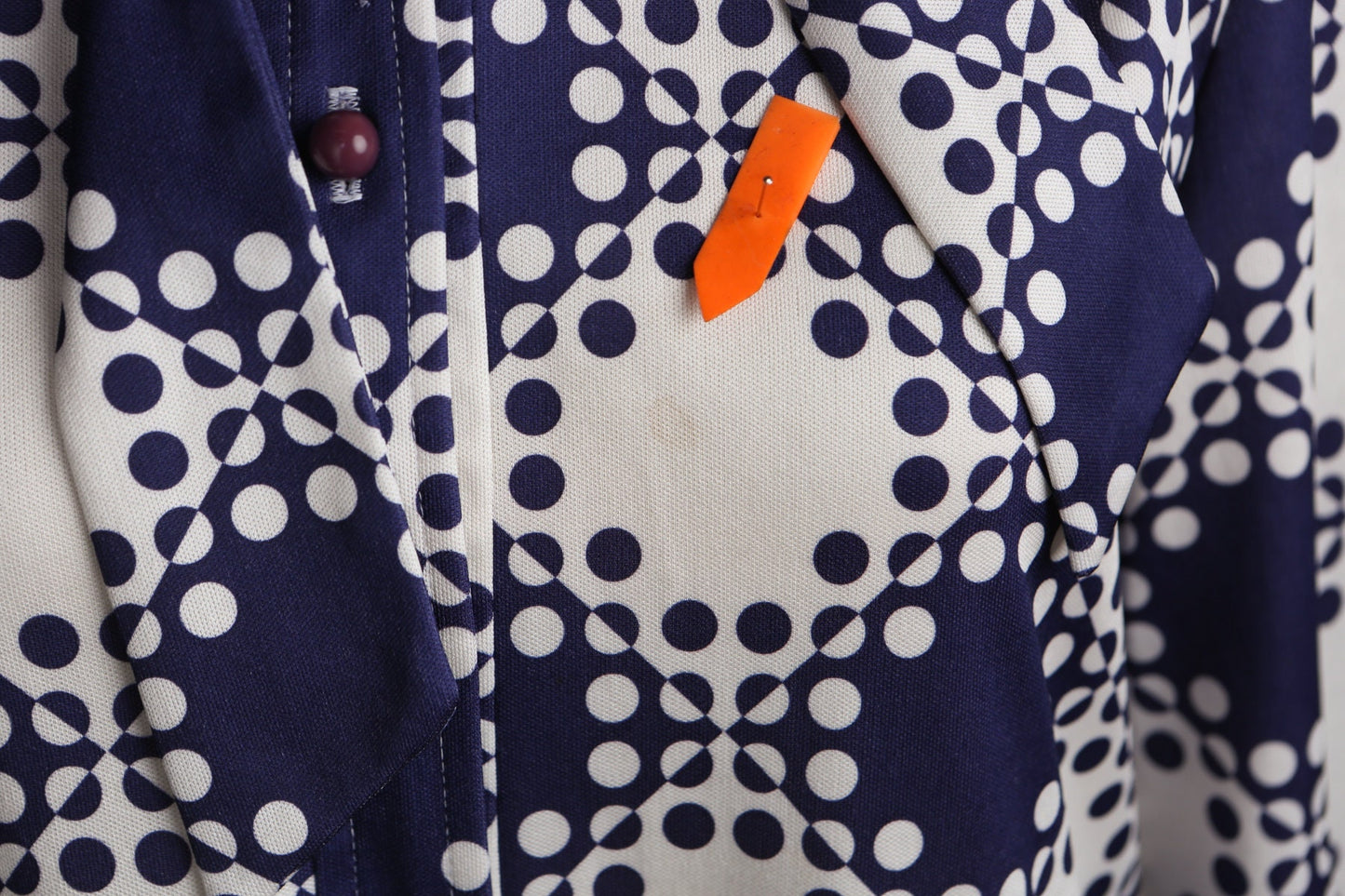 70's Women White and Blue Polyester Long Sleeve Dress