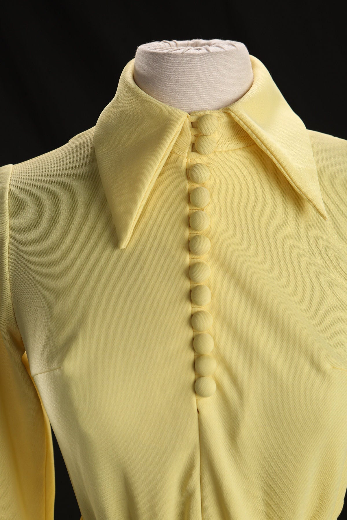 70's Women Yellow Long Sleeve Poly Casual Dress