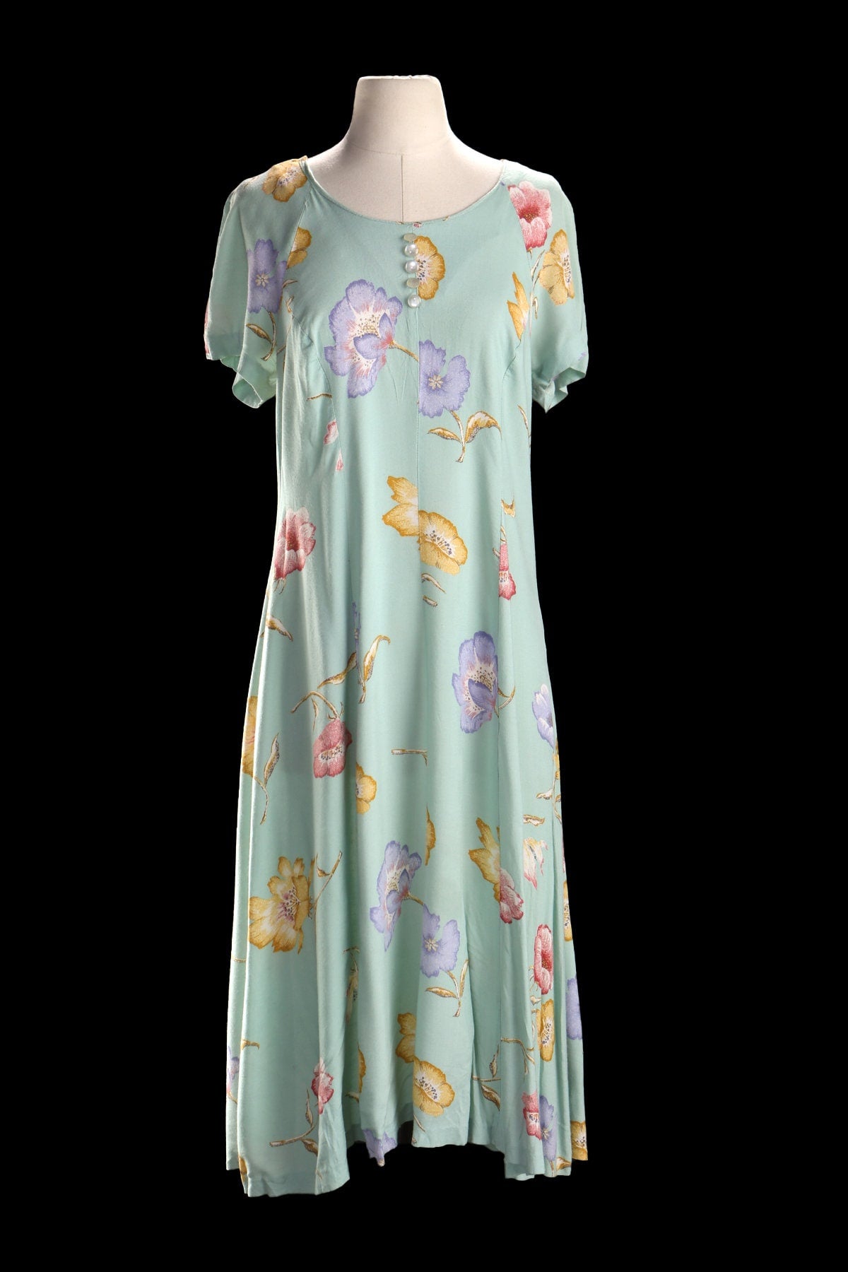 90's Floral Print Green Long Rayon Summer Dress