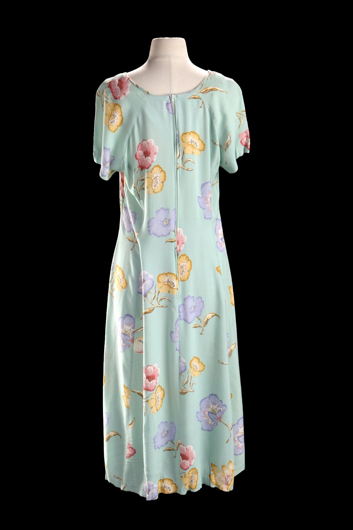 90's Floral Print Green Long Rayon Summer Dress