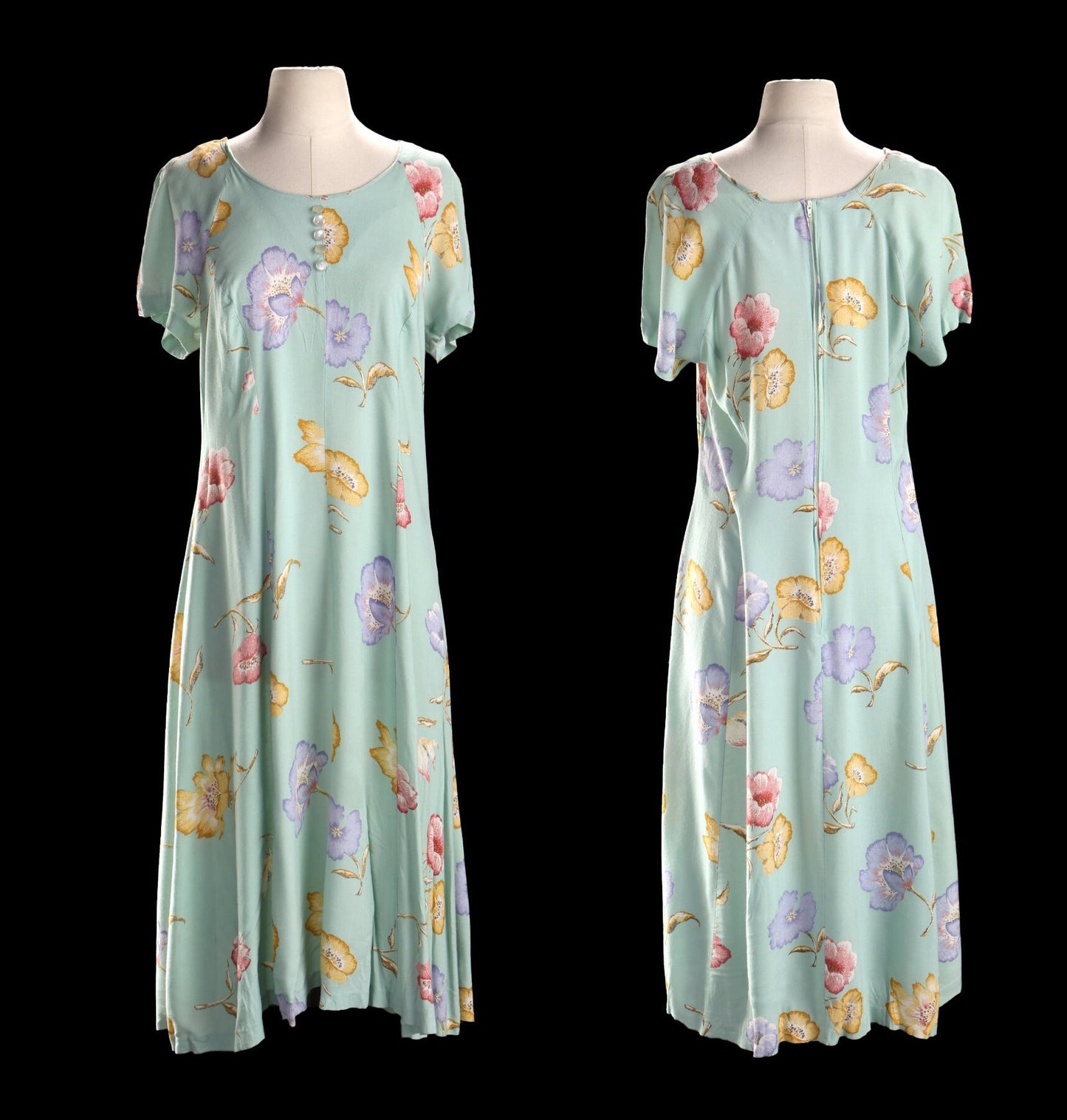 90's Floral Print Green Long Rayon Summer Dress
