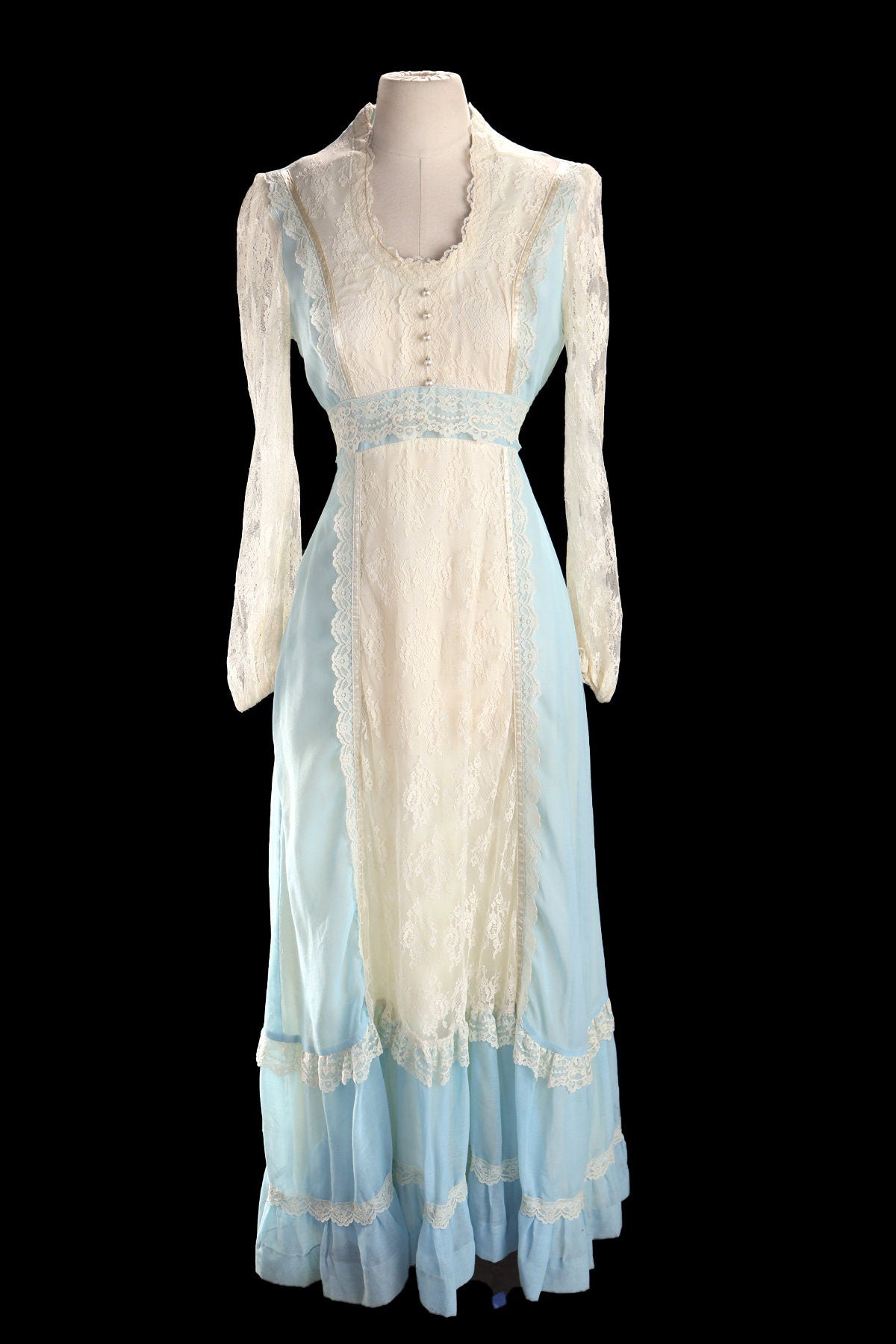 Vintage Prairie Blue Long Lace 70's Cotton Dress