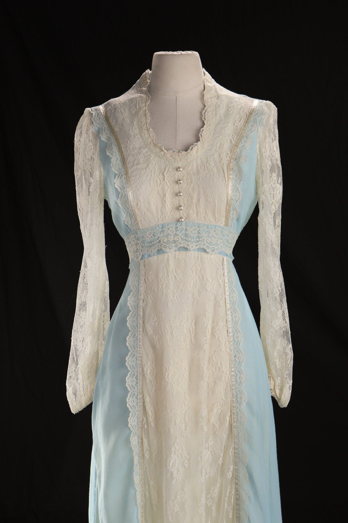 Vintage Prairie Blue Long Lace 70's Cotton Dress