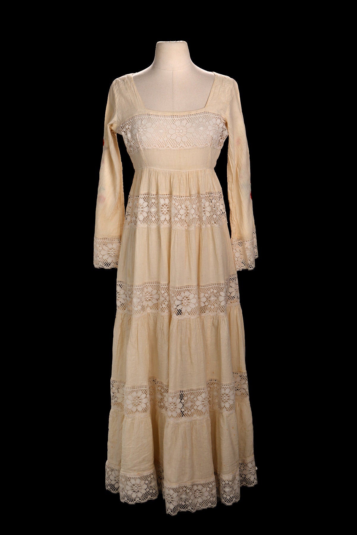 Vintage Women Cotton Lace Embroidered Beige Summer Dress