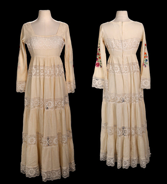 Vintage Women Cotton Lace Embroidered Beige Summer Dress