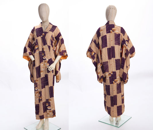 Vintage Kimono Robe - Checkered Floral Print