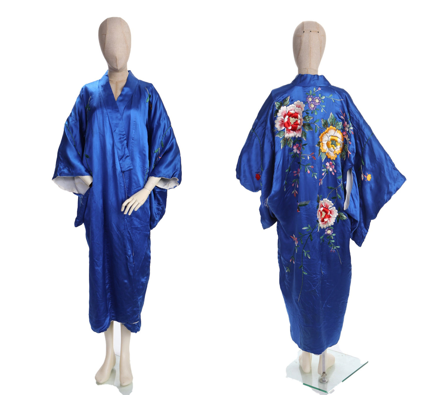 Vintage Blue Kimono Robe - Floral Embroidery