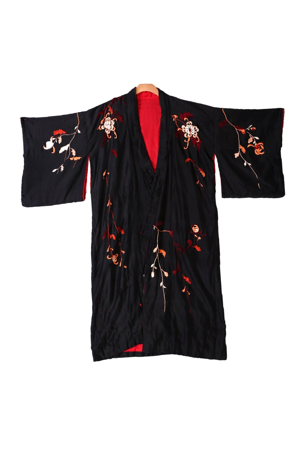 Vintage Black Kimono Robe - Red White Floral Embroidery