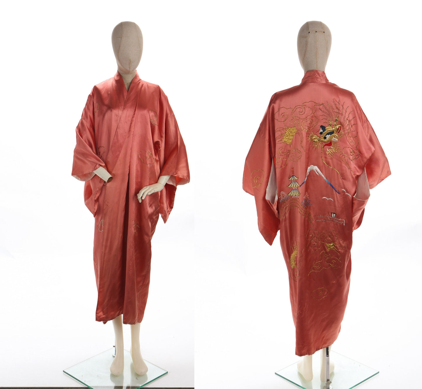 Vintage Pink Kimono Robe With Golden Dragon and Japan Mt. Fuji Embroidery