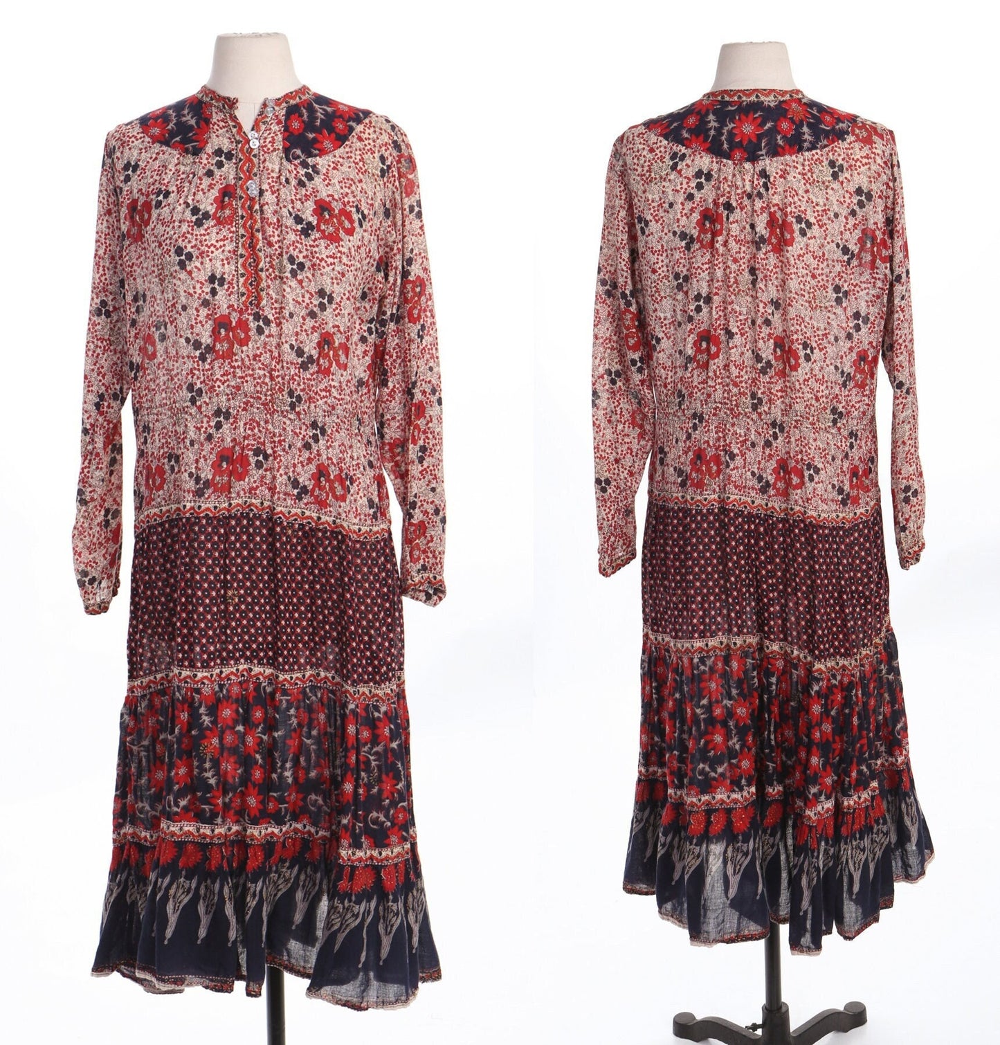 Vintage Boho Block Print White Red Floral Summer Dress