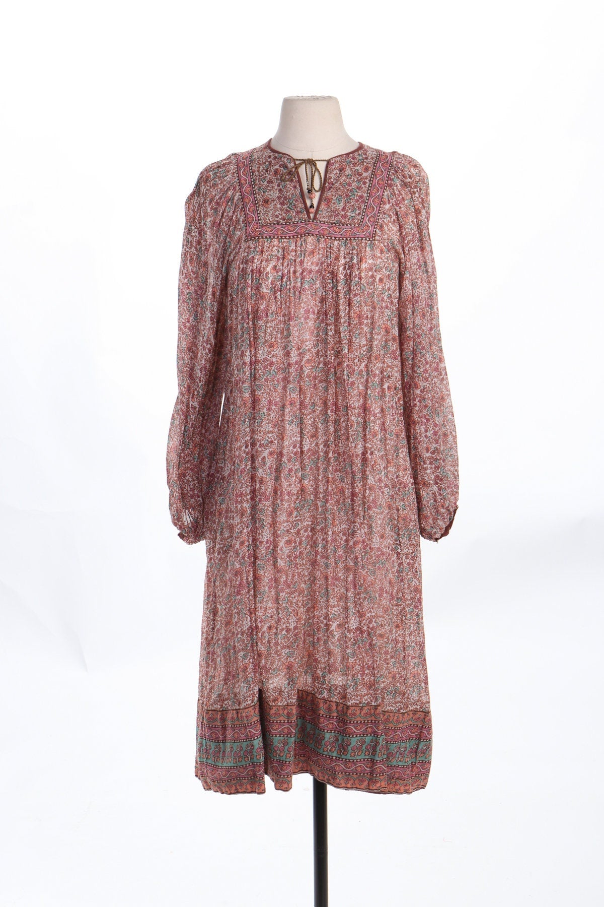 Vintage Women Floral Block Print Boho Pink and White Summer Dress