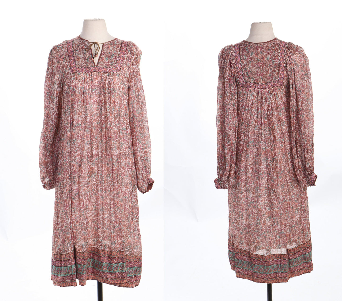 Vintage Women Floral Block Print Boho Pink and White Summer Dress