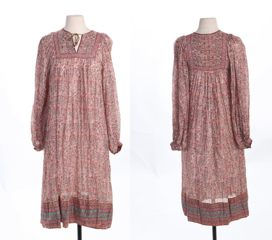 Vintage Women Floral Block Print Boho Pink and White Summer Dress