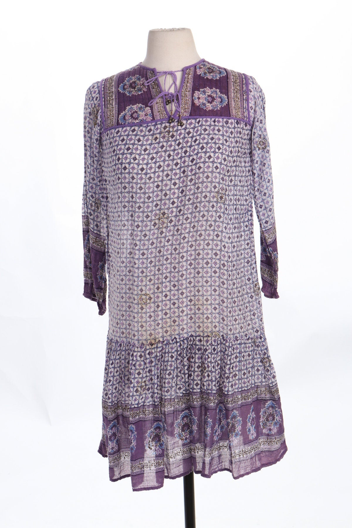 Vintage Indian Dress Block Print Paisley Design Purple Summer Hippie