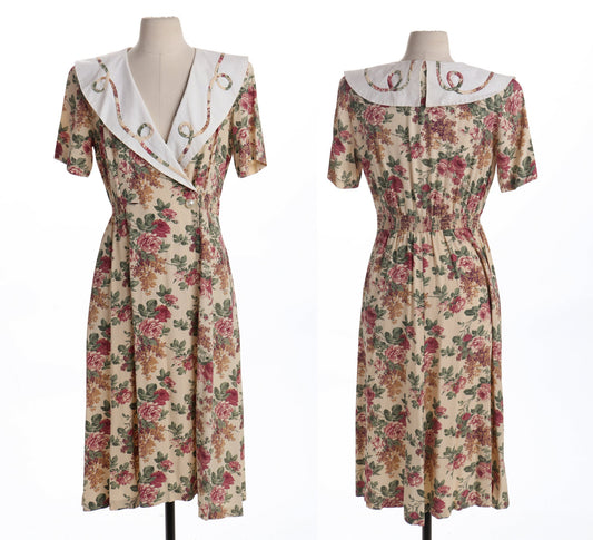 90's Women Floral Print Beige Rayon Dress
