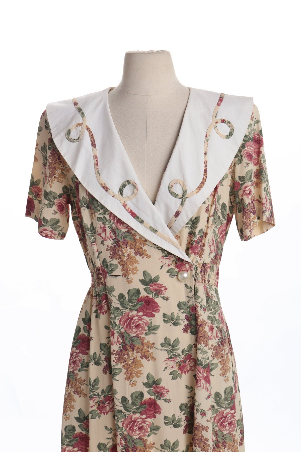 90's Women Floral Print Beige Rayon Dress