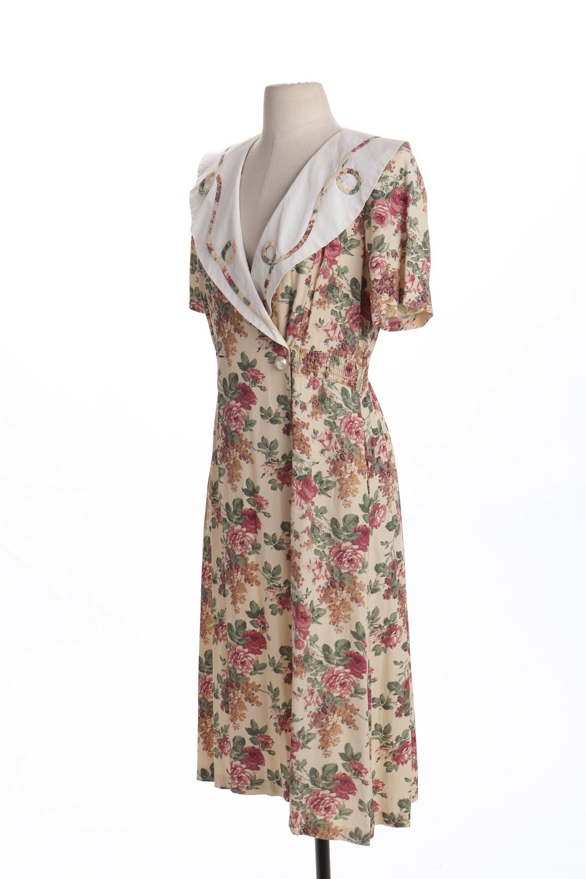 90's Women Floral Print Beige Rayon Dress