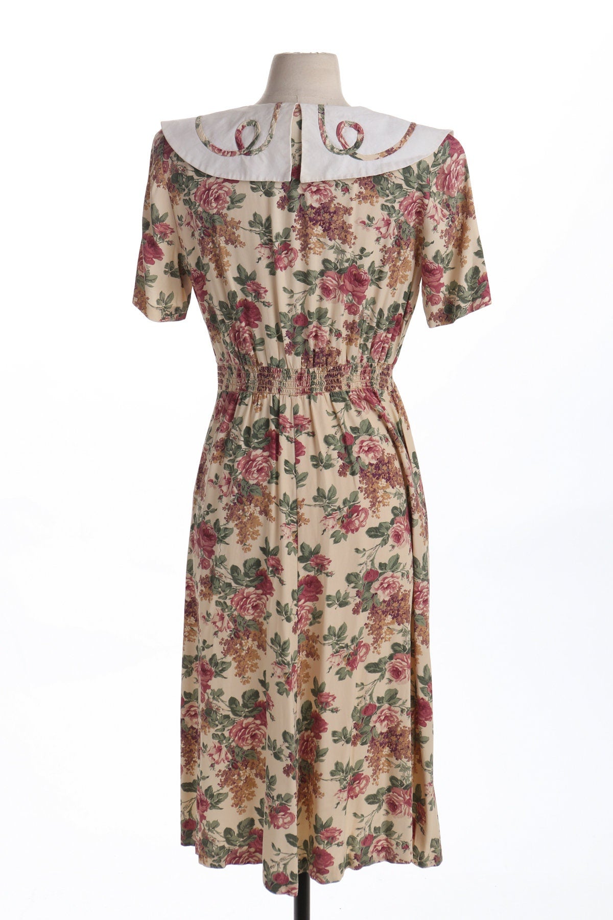 90's Women Floral Print Beige Rayon Dress