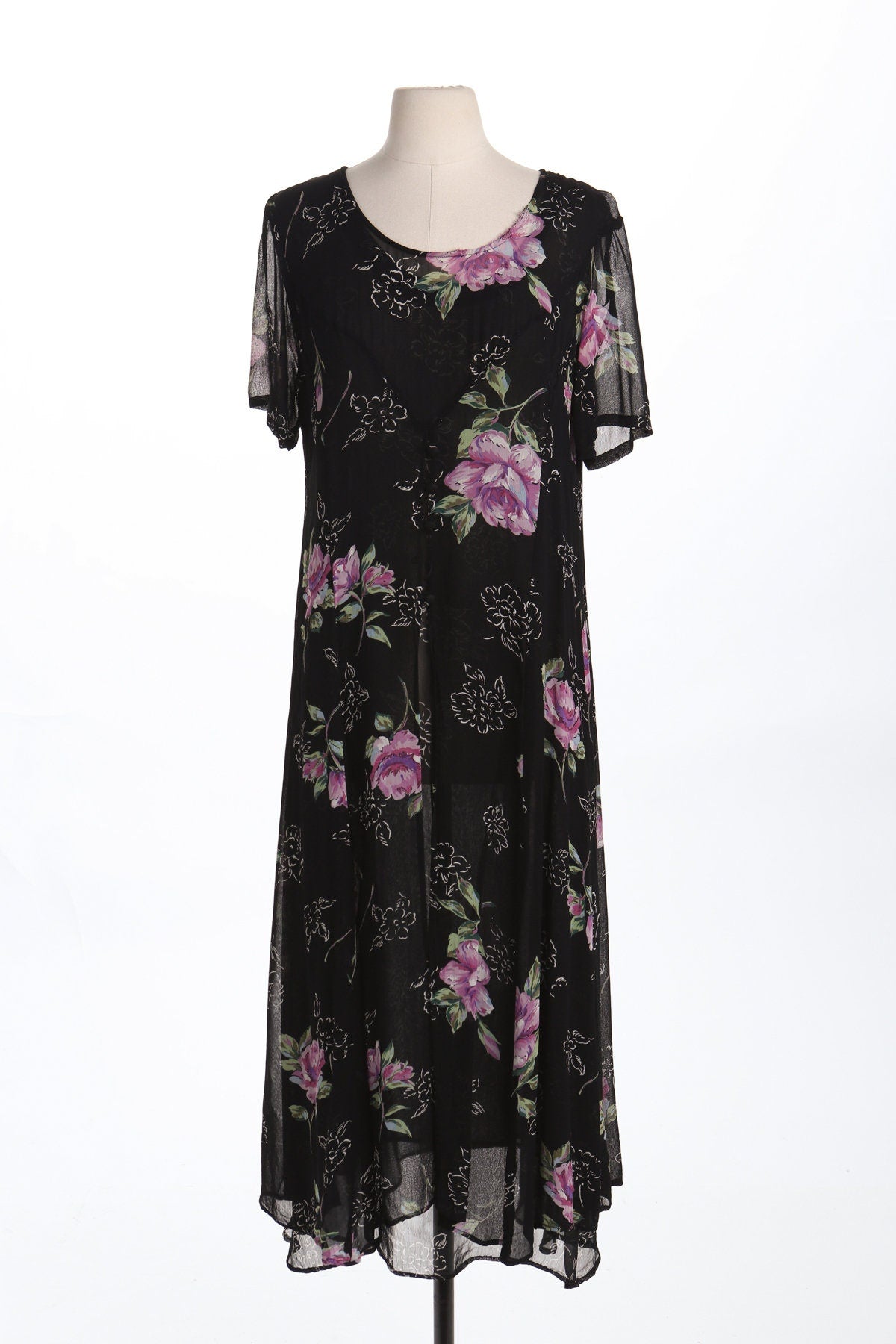90's Floral Print Black Long Summer Dress